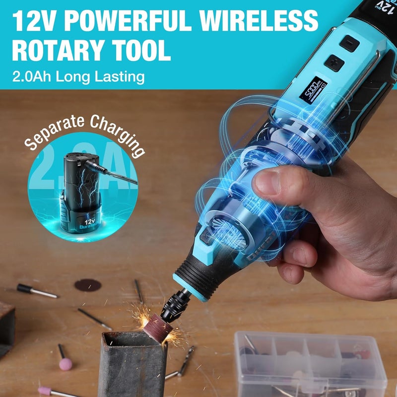 DURATECH Cordless Rotary Tool Kit, 12V Rotary Tool with 2.0Ah Rechargeable Battery, 5000-35000RPM 7 Variable Speed, 118PCS Accessories for Sanding, Polishing, Carving, Cutting, Drilling and DIY Crafts - Image 2